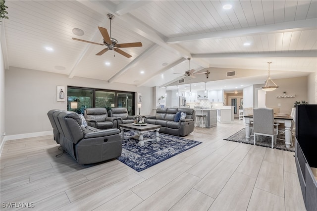 living room featuring vaulted ceiling with beams and wood ceiling