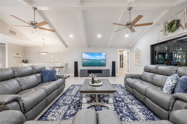 living room with lofted ceiling with beams, ceiling fan, and light hardwood / wood-style floors