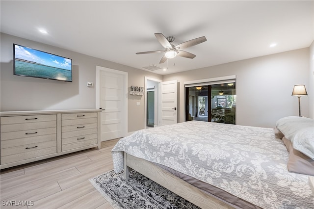 bedroom with ceiling fan and light hardwood / wood-style flooring