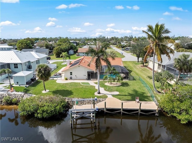 aerial view featuring a water view