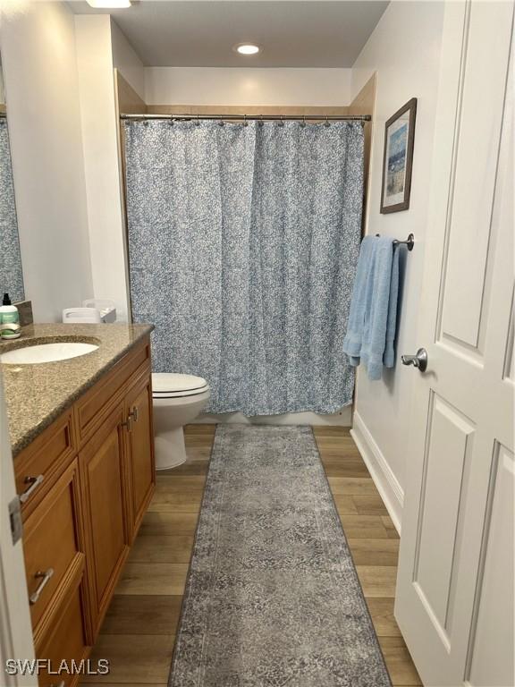 bathroom featuring wood-type flooring, toilet, and vanity