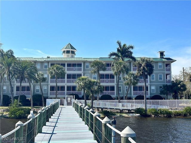 view of building exterior featuring a water view