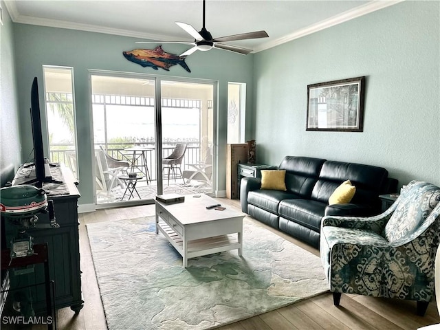 living room with crown molding, ceiling fan, and light wood-type flooring