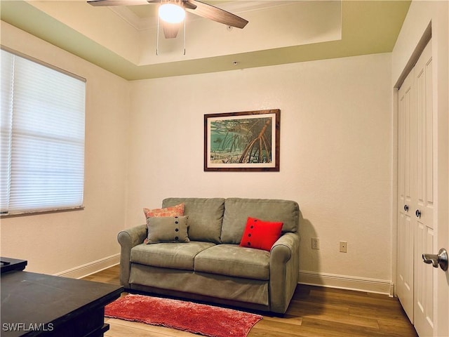 living room featuring a tray ceiling, hardwood / wood-style flooring, and ceiling fan