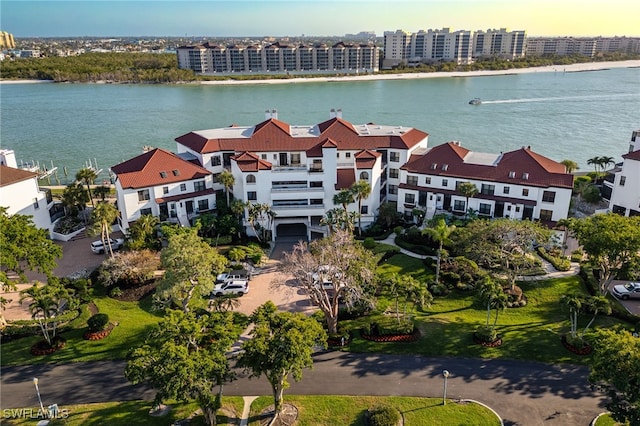 drone / aerial view with a water view