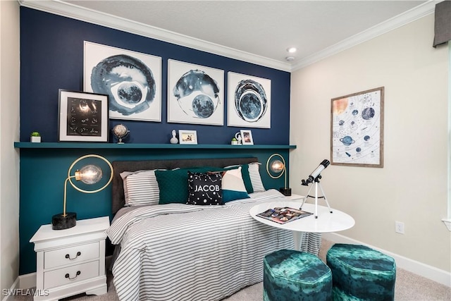 carpeted bedroom featuring ornamental molding and baseboards