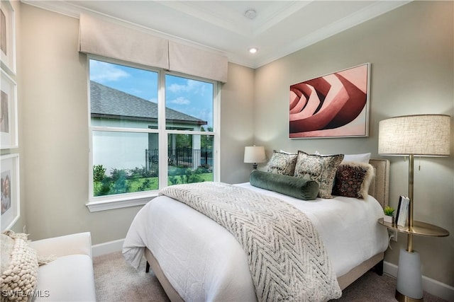 bedroom featuring crown molding, baseboards, carpet flooring, and recessed lighting