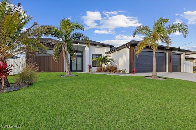 view of front of property with a front yard, fence, driveway, an attached garage, and stucco siding