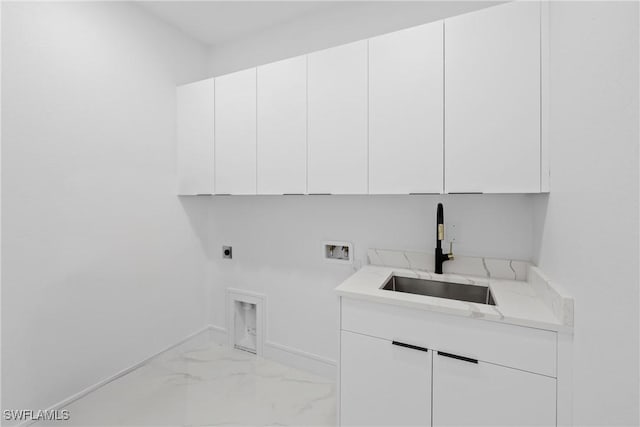 laundry room with hookup for an electric dryer, cabinet space, a sink, washer hookup, and marble finish floor