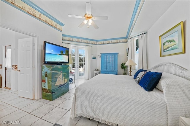 bedroom with access to exterior, light tile patterned floors, french doors, and ceiling fan