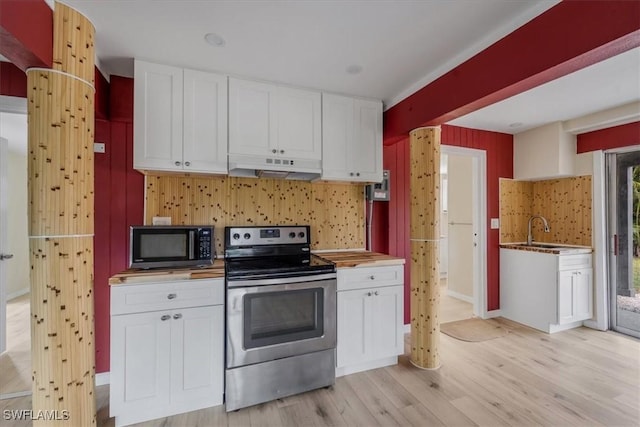 kitchen featuring white cabinetry, light hardwood / wood-style floors, and stainless steel range with electric cooktop