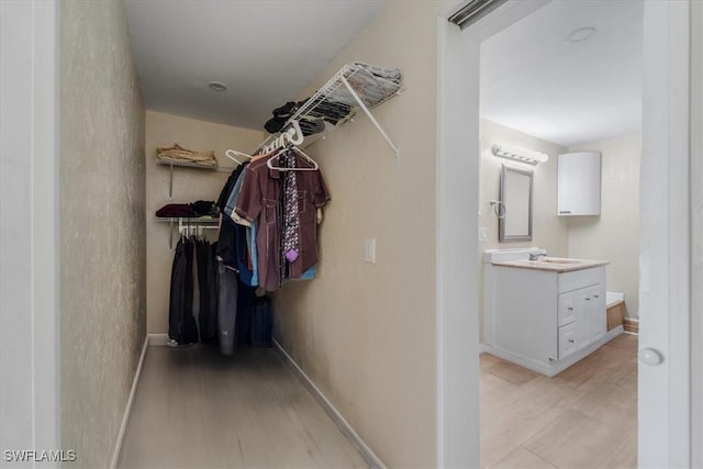 spacious closet featuring sink and light wood-type flooring