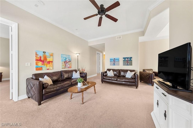 living room featuring light carpet, crown molding, and ceiling fan