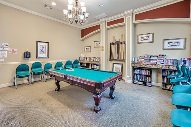 playroom with ornamental molding, carpet floors, an inviting chandelier, and billiards