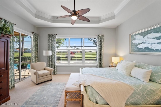 carpeted bedroom with a tray ceiling, multiple windows, and access to outside