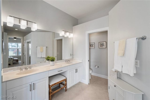 bathroom with ceiling fan, vanity, toilet, and tile patterned flooring