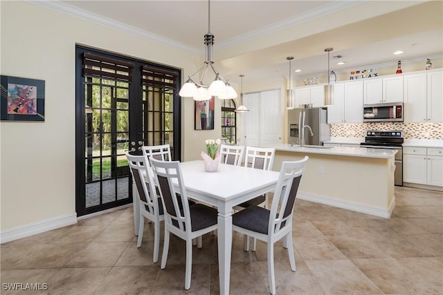 dining area featuring light tile patterned floors, recessed lighting, baseboards, french doors, and crown molding