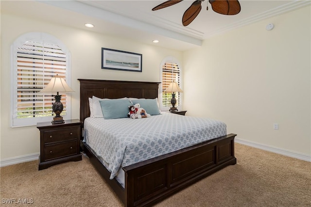 bedroom with recessed lighting, light colored carpet, crown molding, and baseboards