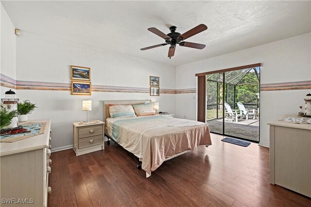 bedroom featuring dark wood-type flooring, access to exterior, and ceiling fan