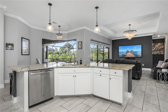 kitchen featuring white cabinets, sink, dishwasher, and a center island with sink