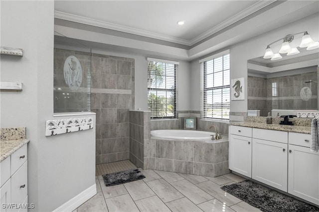 bathroom with ornamental molding, shower with separate bathtub, and vanity