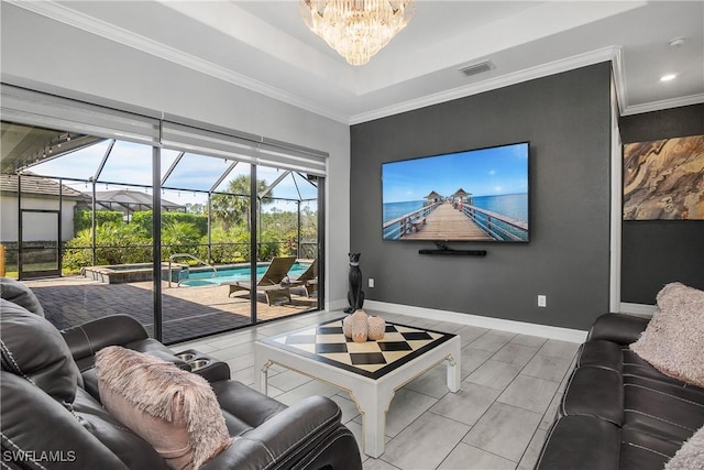 living room featuring crown molding