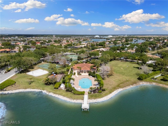 drone / aerial view featuring a water view