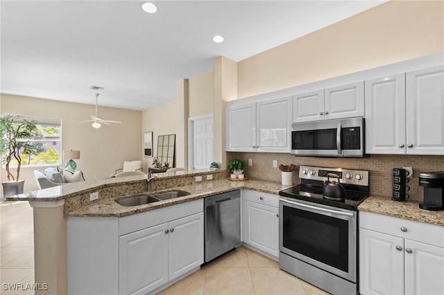 kitchen featuring backsplash, appliances with stainless steel finishes, a peninsula, white cabinets, and a sink