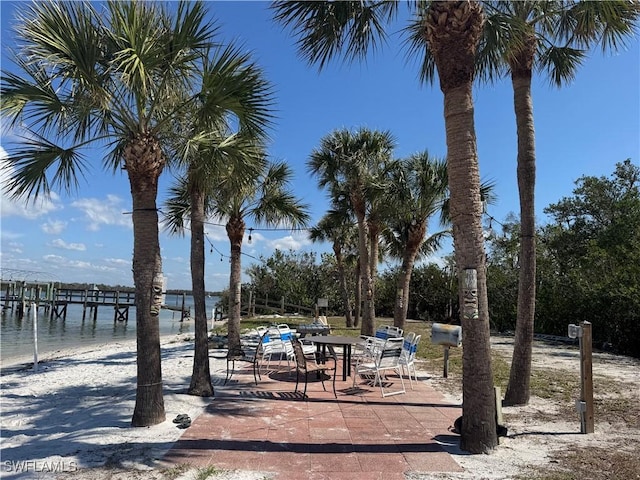 exterior space with a water view