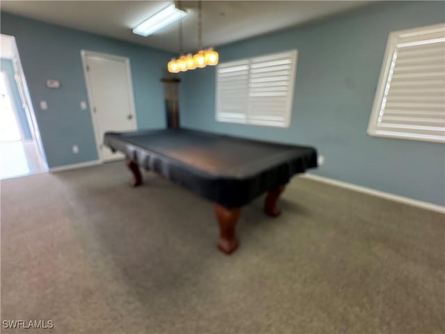 playroom featuring dark carpet and billiards