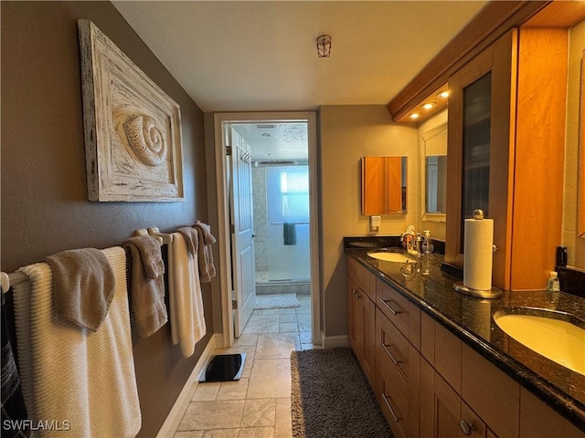 bathroom with a shower with door and vanity