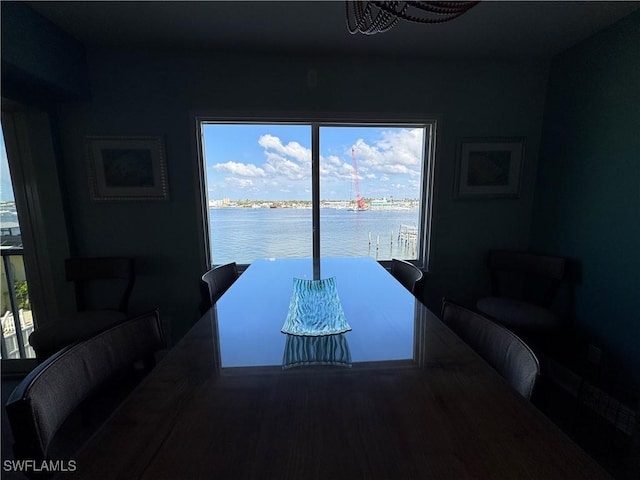 dining area with a water view