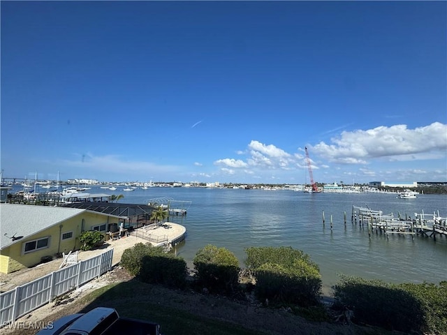 view of water feature with a boat dock