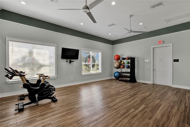 exercise area with wood-type flooring and ceiling fan