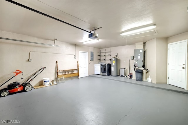 garage featuring a garage door opener, heating unit, separate washer and dryer, electric panel, and electric water heater