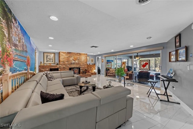 living room with a fireplace