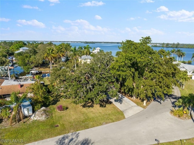 drone / aerial view with a water view