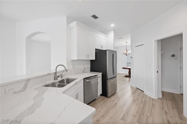 kitchen featuring hanging light fixtures, appliances with stainless steel finishes, sink, and white cabinets