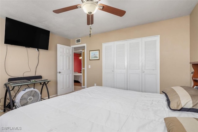 bedroom featuring ceiling fan and a closet