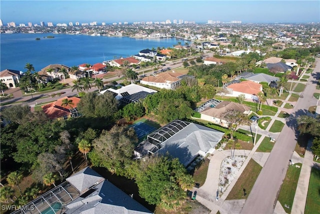 aerial view featuring a water view