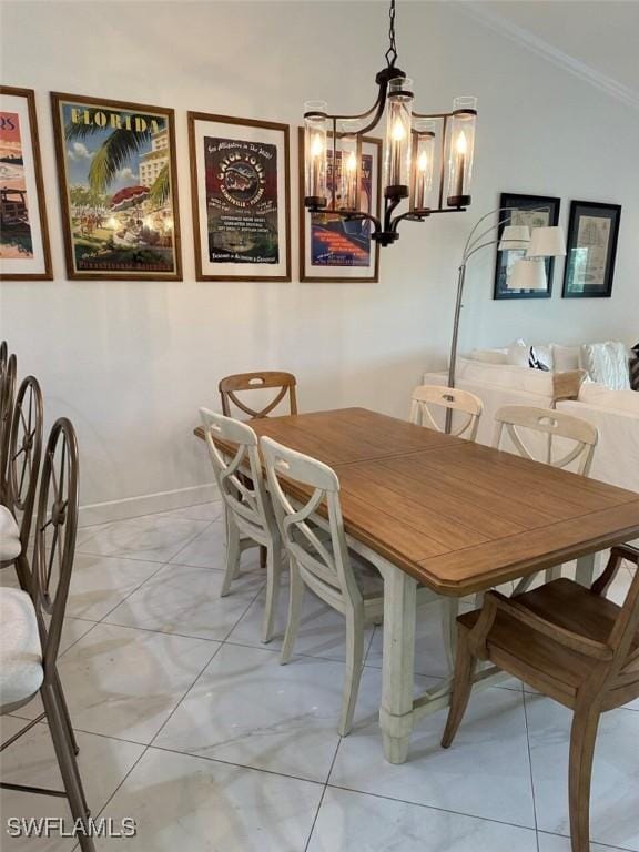 dining space with crown molding and lofted ceiling