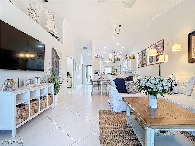10401 Mcarthur Palm Ln Unit 2525, Fort Myers, FL 33966 - living area with visible vents, a chandelier, ornamental molding, recessed lighting, and light tile patterned flooring