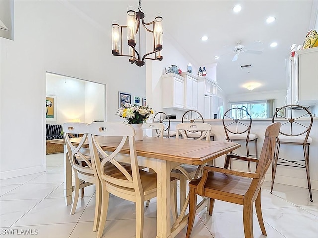 10401 Mcarthur Palm Ln Unit 2525, Fort Myers, FL 33966 - dining space featuring recessed lighting, high vaulted ceiling, ornamental molding, and ceiling fan with notable chandelier