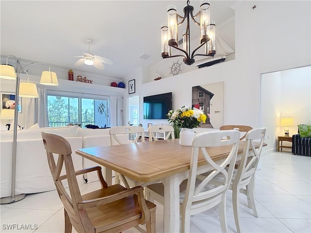 10401 Mcarthur Palm Ln Unit 2525, Fort Myers, FL 33966 - dining area featuring light tile patterned flooring, visible vents, ceiling fan with notable chandelier, and crown molding
