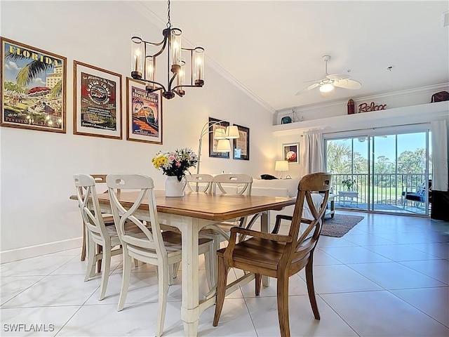 10401 Mcarthur Palm Ln Unit 2525, Fort Myers, FL 33966 - dining area featuring a chandelier, baseboards, light tile patterned flooring, and crown molding