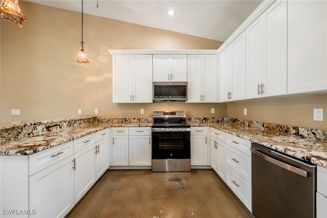 kitchen featuring concrete floors, lofted ceiling, recessed lighting, white cabinets, and stainless steel appliances