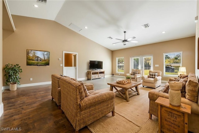 living area with recessed lighting, visible vents, high vaulted ceiling, and wood finished floors