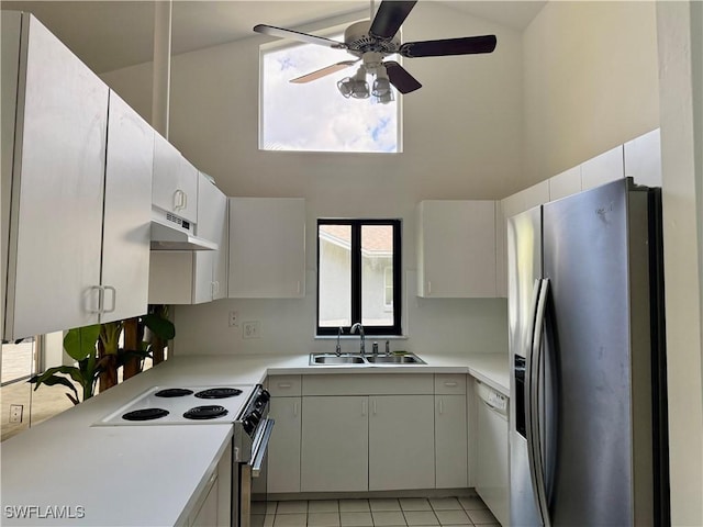 kitchen with sink, dishwasher, electric range oven, white cabinets, and stainless steel fridge with ice dispenser