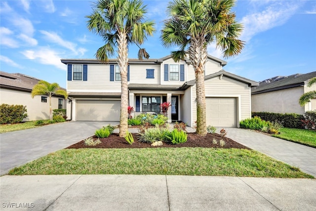 view of front of home featuring a garage, covered porch, and a front yard