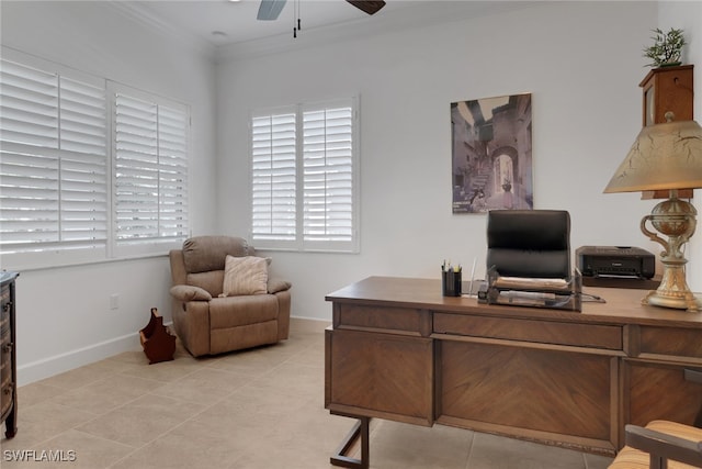 tiled office space with crown molding and ceiling fan